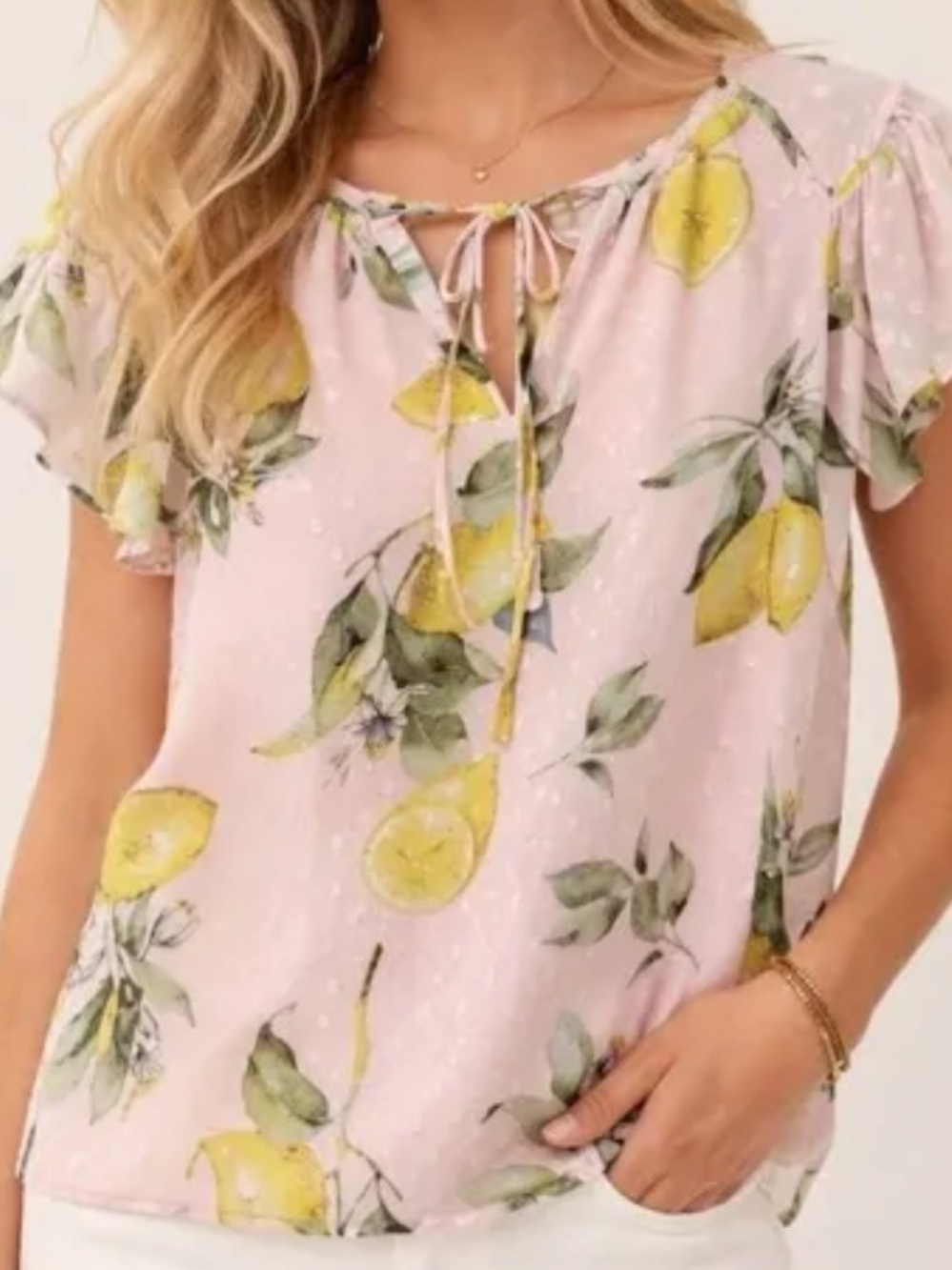 Joie Pink Lemon Print Silk Blend Swiss Dot Flutter Sleeve Blouse - Size S